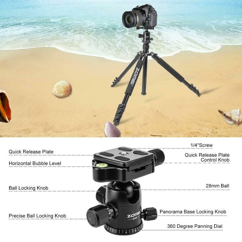 Zomei Q555 62.5'' Camera Tripod,Lightweight and Compact Aluminum Portable Travel Tripod with 360 Degree Ball Head for Vlog Nikon Canon Sony All DSLR and Digital Camera - Image 2